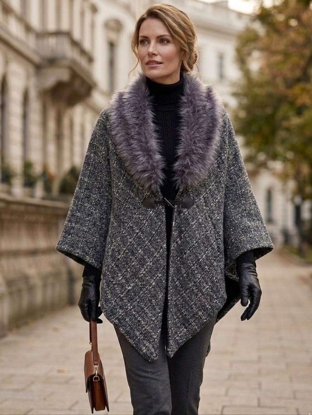 MODENA Faux Fur Trim Tweed Look Cape Wrap Toggle Closure
